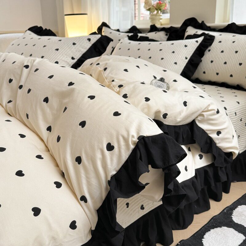 韩版爱心波点四件套水洗棉荷叶边床盖式少女心床上用品套件