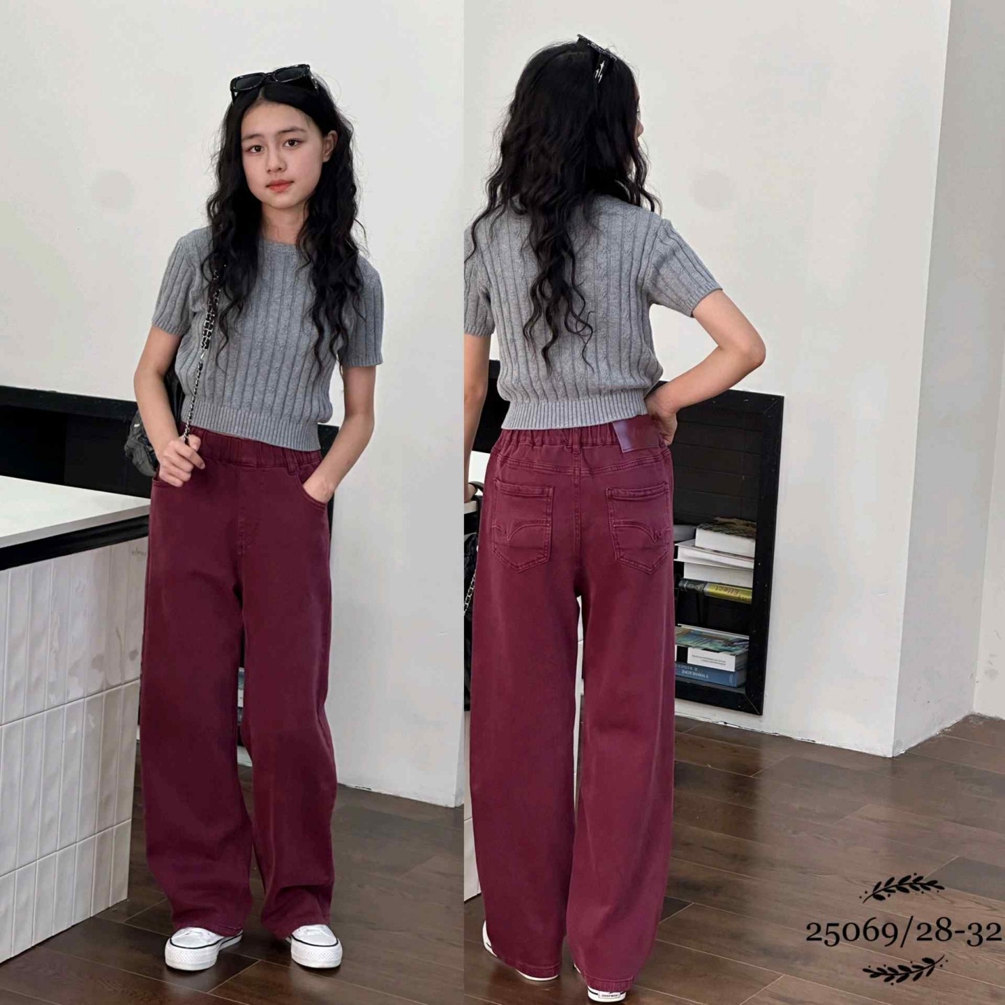 女童秋款童裤 中大童直筒裤休闲裤红色牛仔长裤 裤子