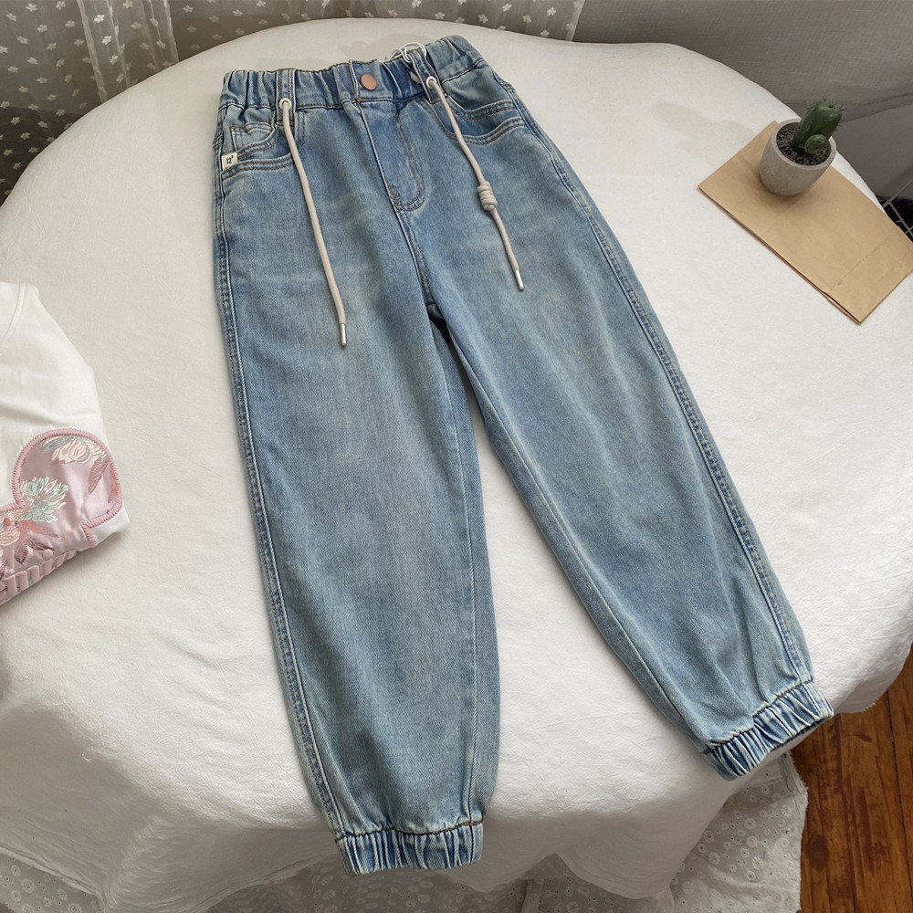 女童男童春款童装童裤 中大童宝宝束脚长裤灯笼软牛仔裤