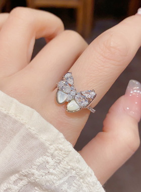 小众时尚简约满钻贝母蝴蝶开口戒气质轻奢百搭感食指戒指环女