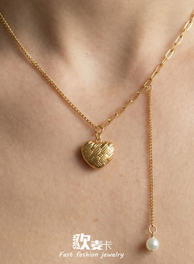 欧美ins轻奢风几何爱心吊坠链条拼接项链长款流苏贝珠不锈钢耳饰