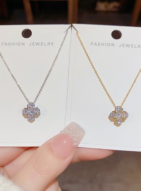 日韩精致感甜美锆石四叶花项链小众设计感文艺风气质毛衣链女