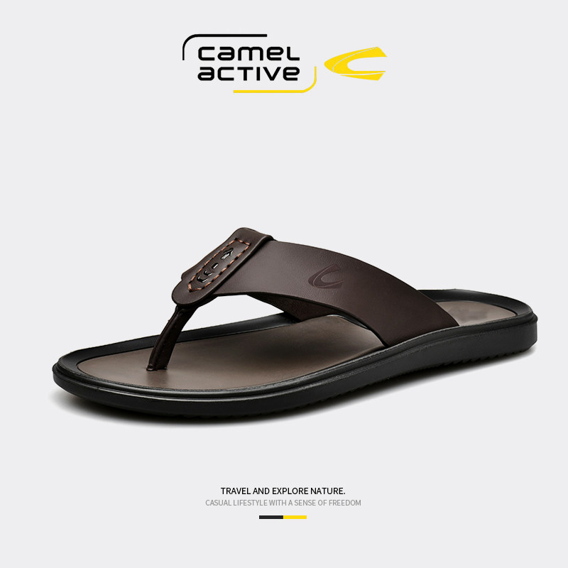 德国骆驼动感拖鞋男夏季外穿真皮室外专用男士软底高级感人字拖男
