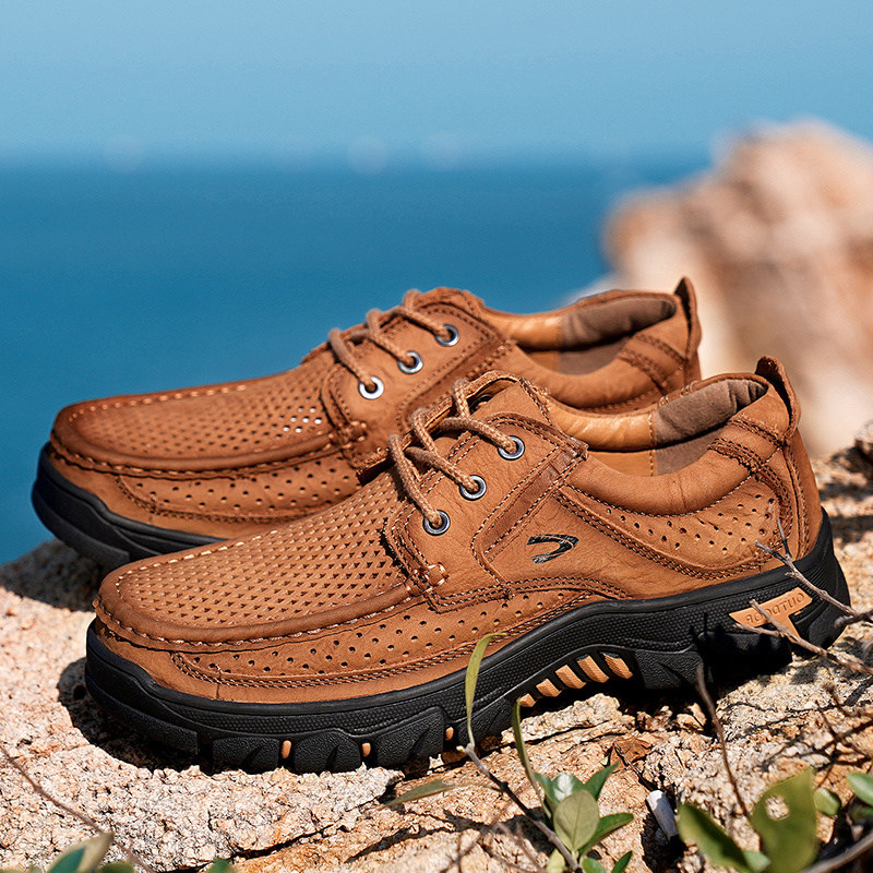 夏季新款德国骆驼动感冲孔镂空透气休闲皮鞋真皮头层牛皮大码男鞋