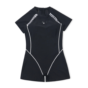 外贸女士黑色拉链短袖 防晒连体平角泳衣专业成人休闲运动游泳装