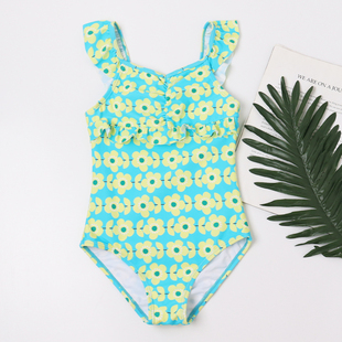 欧美外贸儿童连体泳衣湖蓝色花朵公主女童泳装 洋气女孩泡温泉泳衣
