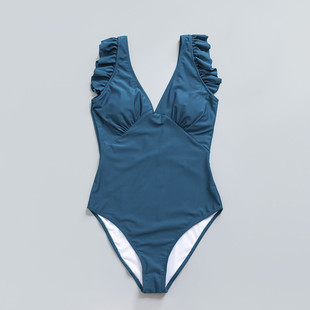 出口欧美女士三角连体泳衣荷叶V领显瘦性感成人泳装 沙滩防晒泳衣