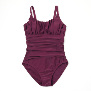 游泳衣 百褶遮肉修身 出口女款 连体泳衣气质显白紫红色成人度假泳装