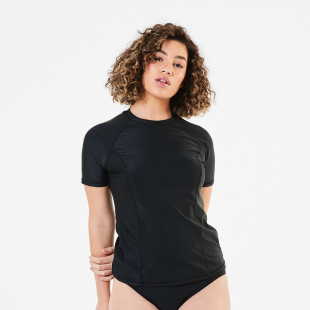 外贸女防晒短袖 显瘦泳衣 冲浪服黑色简约ins成人海边游泳上衣修身