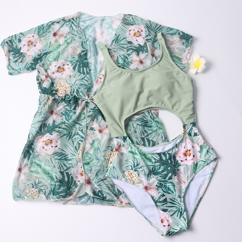 外贸新款女童连体两件套泳衣中大童菠萝花色连体时尚海滩女孩泳装