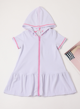 出口儿童沙滩泳衣外套白色毛巾料保暖防着凉洋气女童拉链游泳外套