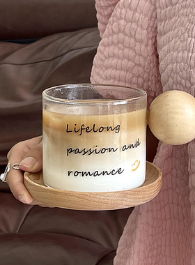 法式复古可爱圆木手柄咖啡杯耐热玻璃牛奶杯ins拿铁杯早餐麦片杯