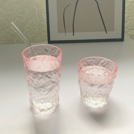新款ins冰川纹玻璃杯粉色少女心高颜值树皮纹杯水杯果汁杯咖啡杯