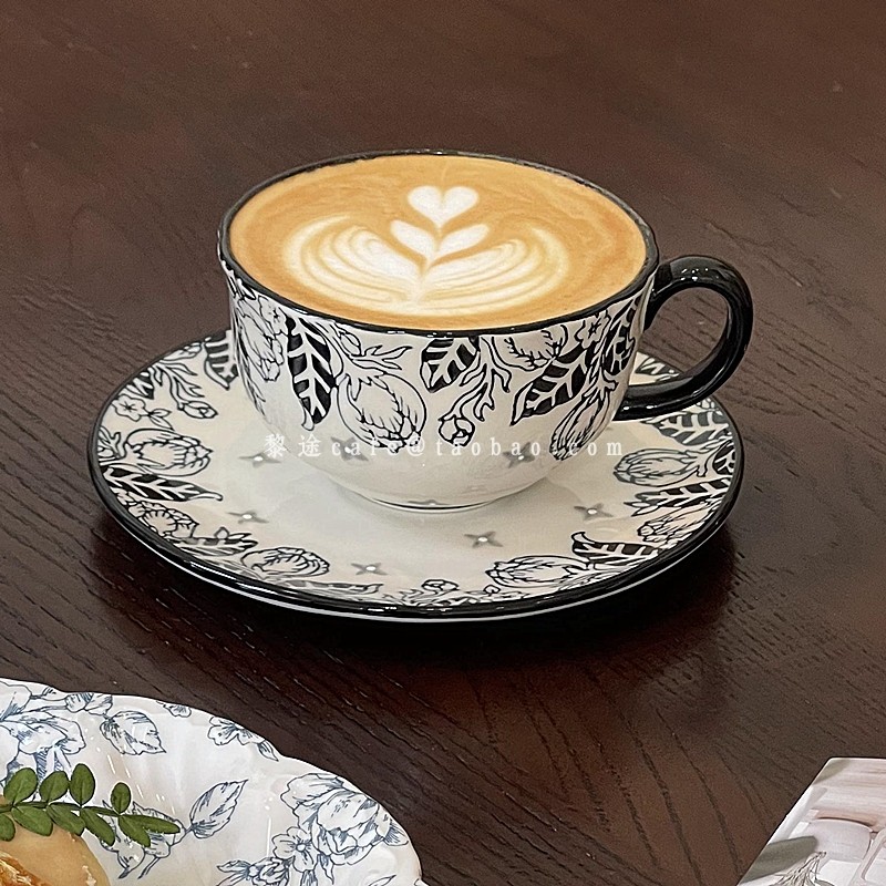 高颜值法式小香风咖啡杯小众高级感热拿铁拉花杯手绘陶瓷杯碟套装,餐饮具,咖啡杯,淘宝优惠券,粉丝福利购,淘宝优惠卷