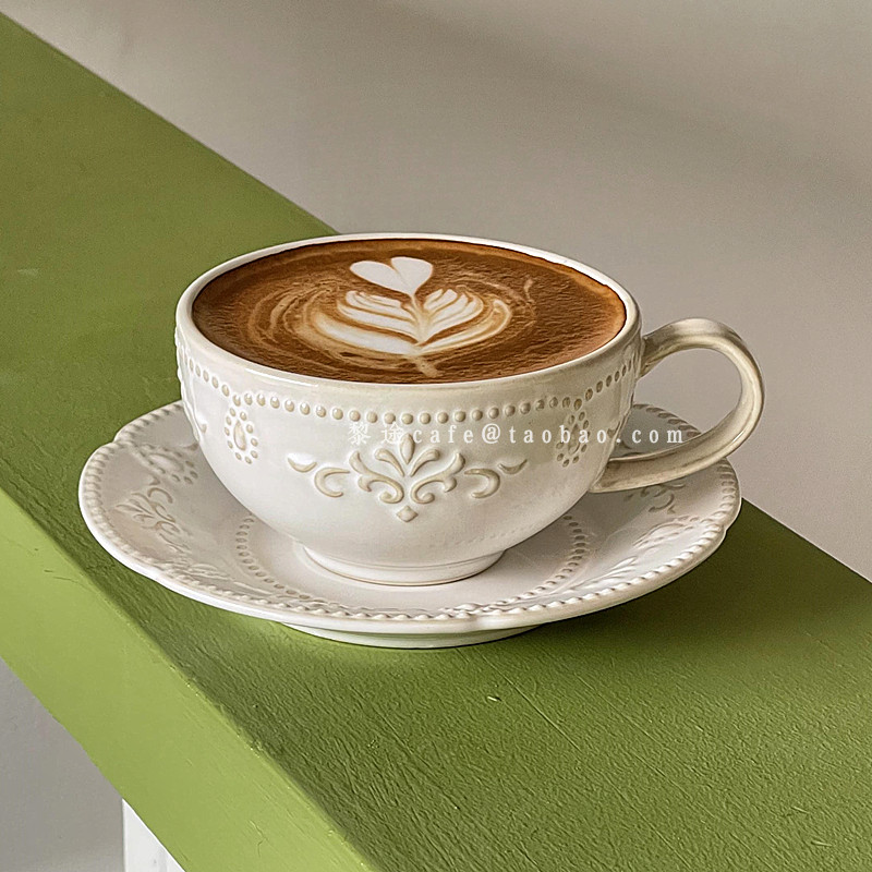 復古浮雕純色陶瓷咖啡杯碟