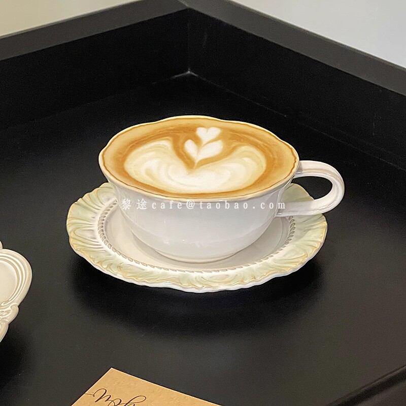 法式浪漫不规则花边咖啡杯碟中古ins精致浮雕陶瓷杯拿铁拉花杯碟