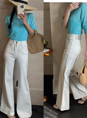 素心兰/YOUMO-筒喇轻奢质感修身微喇刺绣工艺牛仔裤(白色牛仔裤)