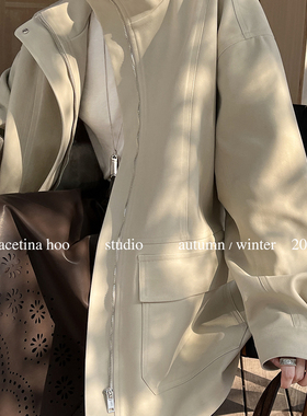 GRACETINA HOO-风法式复古麂皮绒面宽松廓形慵懒随性工装外套皮衣