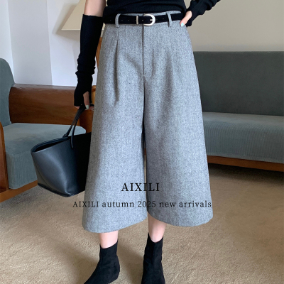 AIXILI爱西里5秋极简老钱通勤气质显瘦阔腿八分裤休闲裤配腰带
