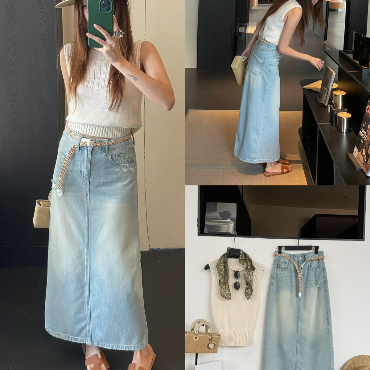 TOP 欧制-A字廊型后开衩设计长裙牛仔裙(配腰带)(不含上衣和项链)