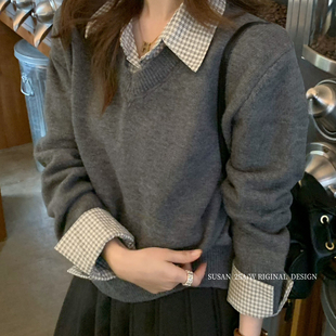 SUSAN 减龄学院风简韩百搭翻领假两件保暖毛衣