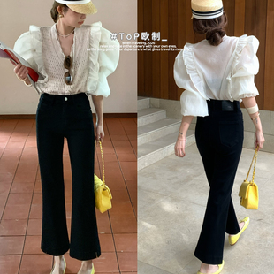 TOP 欧制-版闭眼入小黑裤9分外长借位侧缝小开又设计小宽边牛仔裤
