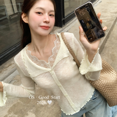 GS.GOOD START-舒适百分百春季气质温柔休闲翻领蕾丝拼接针织开衫