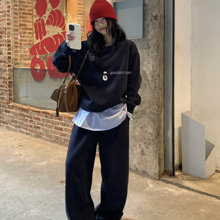 MZI STUDIO-日格纹拼接套头卫衣+针织格纹屁帘卫衣裤套装(配屁帘)