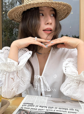 MADEIN OST-26年早春法式棉布绣花绑带开衫小衫