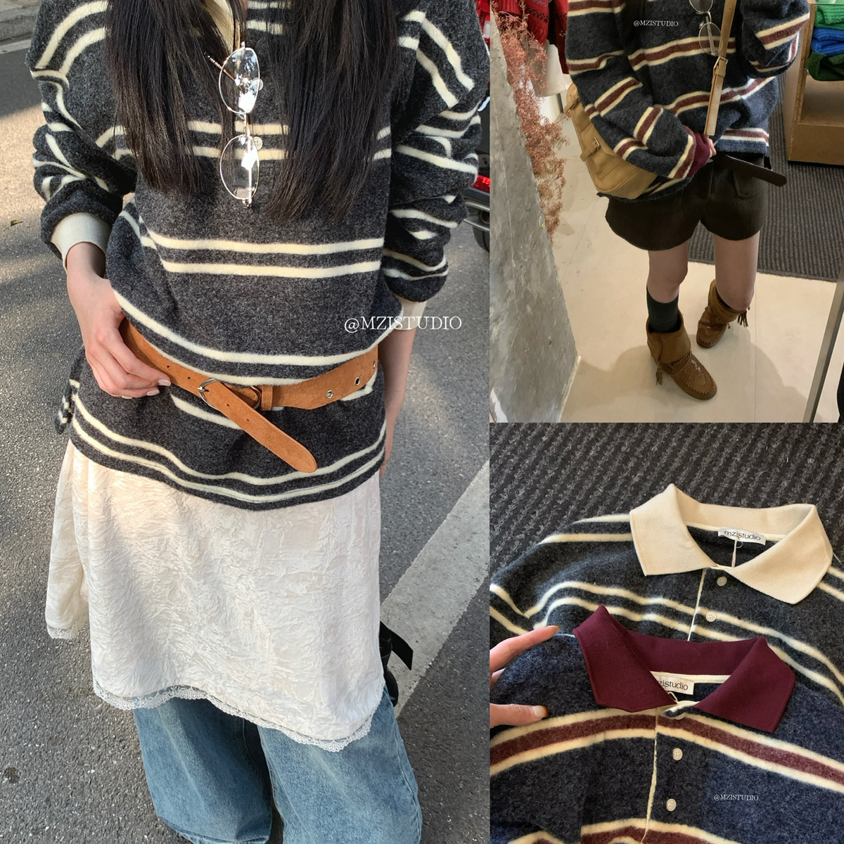 MZI STUDIO-姿态舒展韩感冬日学院风磨毛撞色条纹软糯休闲POLO衫