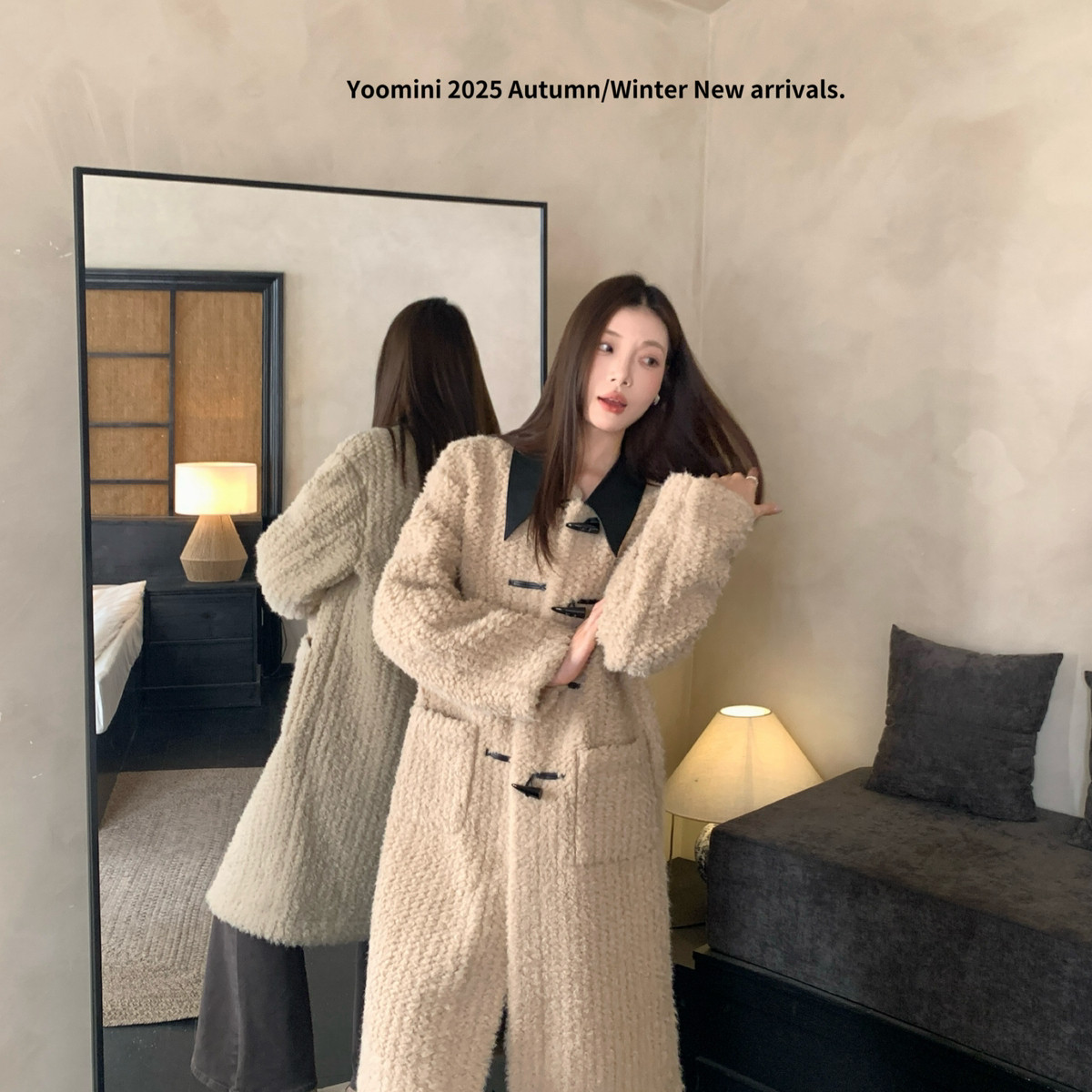 YOOMINI-·皮质翻领短毛绒廓形简约休闲保暖中长款外套2025冬大衣