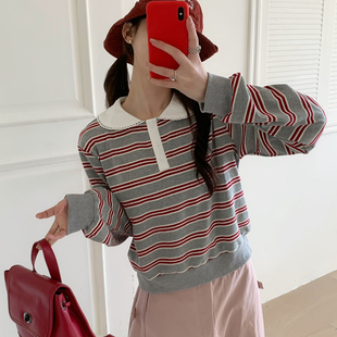 OMELET蛋卷-26年早春韩系甜美百搭特种绣娃娃领条纹长袖T恤