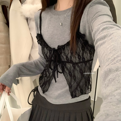 MZI STUDIO-精致感韩标冬季假两件蕾丝拼接磨毛小女人气质长袖T恤