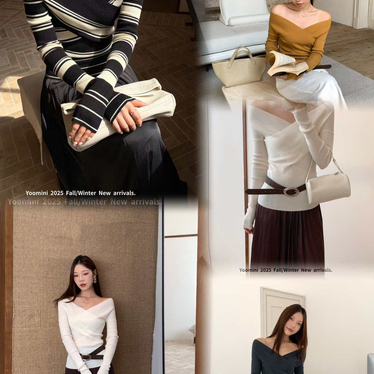 YOOMINI交叉修身弹力条纹淑女针织衫2025秋上新针织衫