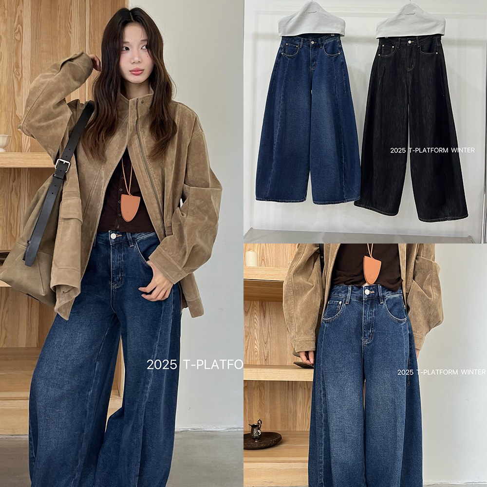 T-PLATFORM-高腰阔腿小个子杨桃裤女加厚抓毛软糯遮胯显瘦牛仔裤
