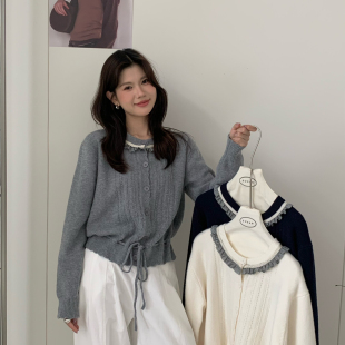 SUSAN天赋韩系格纹拼接蕾丝领口暗纹镂空下摆抽绳毛衣