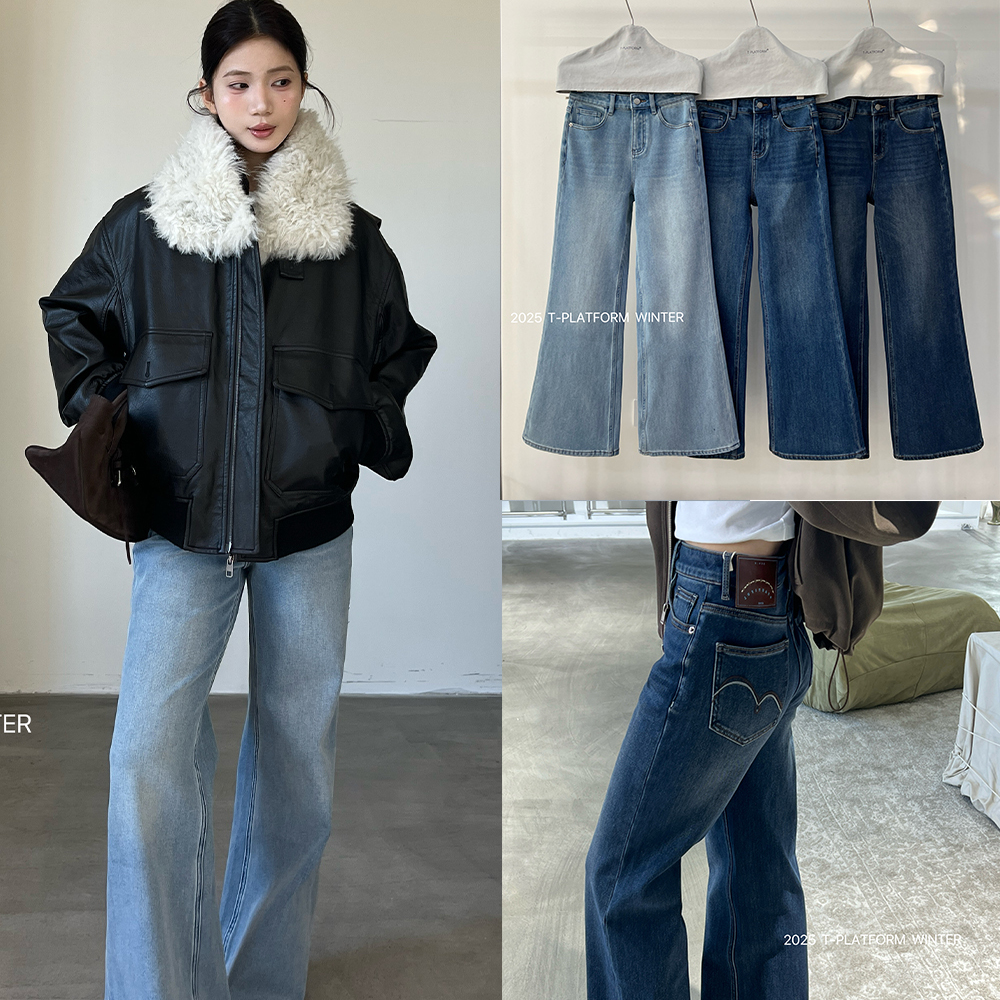T-PLATFORM-复古不贴腿微喇裤设计感高腰垂感遮胯阔腿喇叭牛仔裤
