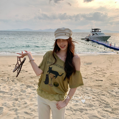 GS.GOOD START-猫印花秒变IG时髦精夏季趣味印花蕾丝拼接短袖T恤