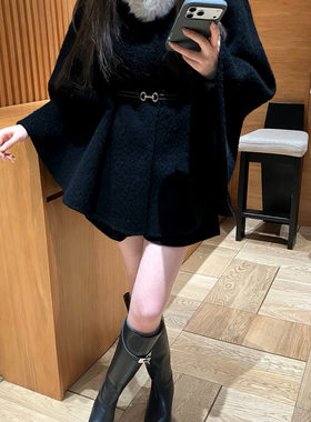 EASE-收腰毛呢羊毛外套(配可拆人造毛领,腰带)