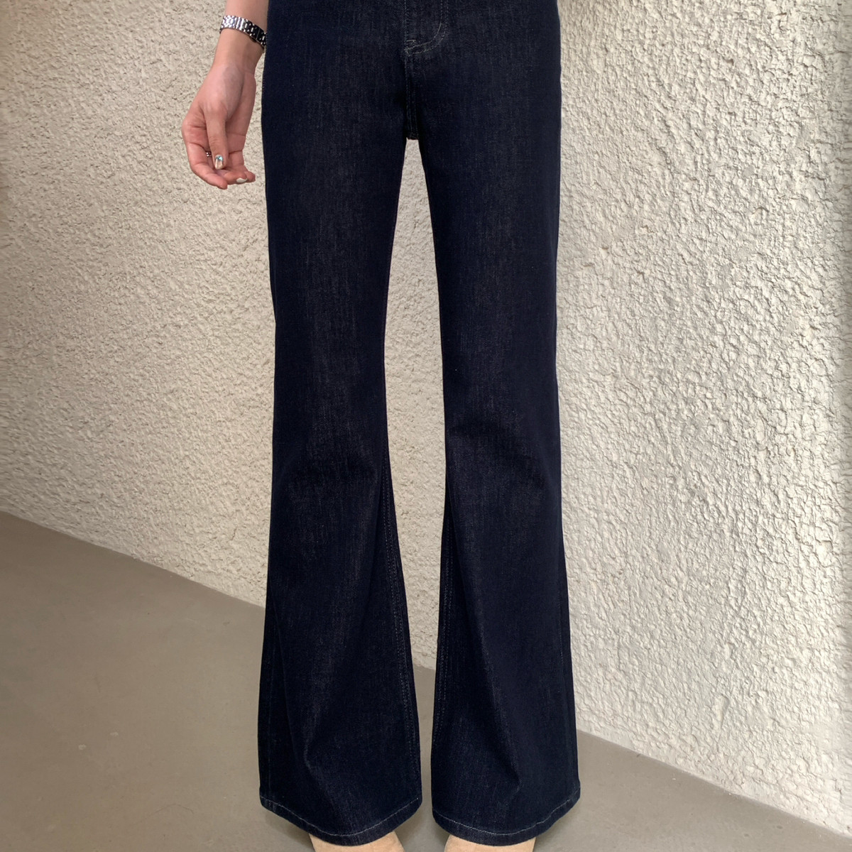 YOOMINI025秋上新深岚曳波·高腰提臀显瘦微喇简约复古深蓝牛仔裤