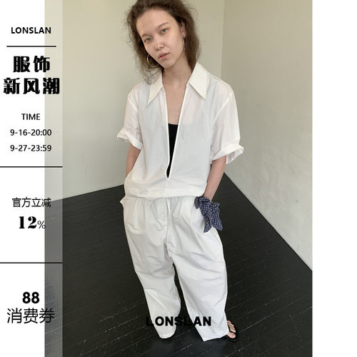 LONSLAN25SUMMER  深v翻领短袖衬衫+抽绳阔腿裤套装