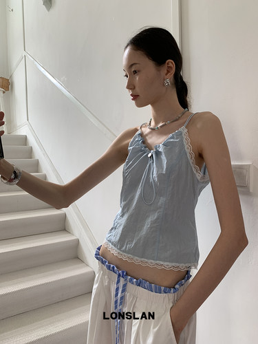 LONSLAN 2024SUMMER 6/16 20:00NEW 抽绳蕾丝拼接蓝色背心