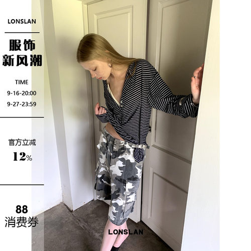 LONSLAN 2024早秋新款条纹系扣大V领慵懒风防晒休闲长袖T恤上衣女