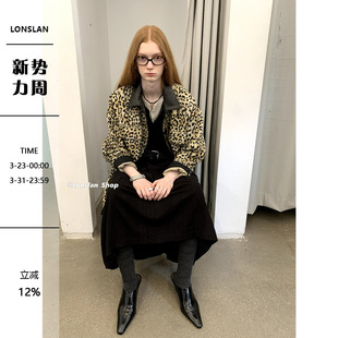 LONSLAN 松豹纹拼黑色皮纽扣宽松夹棉外套上衣女 2023秋冬宽长袖