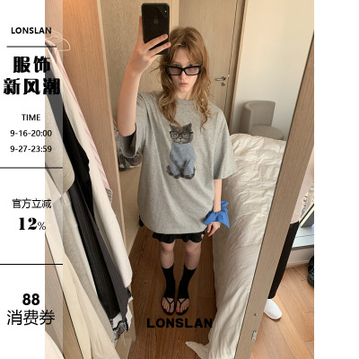 LONSLAN25SUMMER 可爱大件慵懒猫咪短袖T