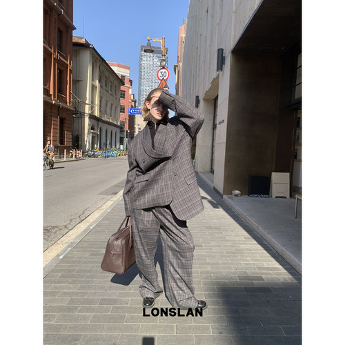 LONSLAN24WINTER 12/9 20:00NEW不规则扣格纹西装外套+茧型西装裤