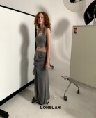 LONSLAN2024春夏新款 性感灰色挂脖吊带背心 不规则包臀半裙两件套