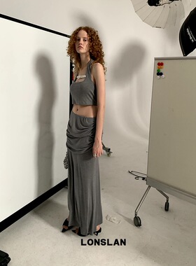 LONSLAN2024春夏新款性感灰色挂脖吊带背心+不规则包臀半裙两件套