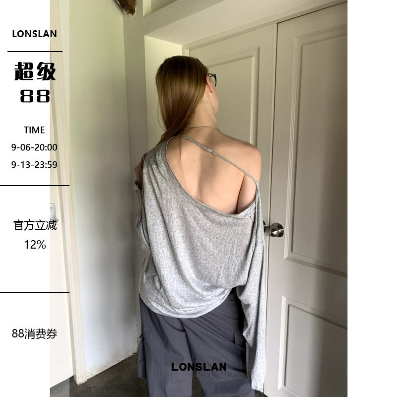 LONSLAN 2025新款小众设计宽松斜边露肩随意慵懒长袖防晒T恤上衣图片