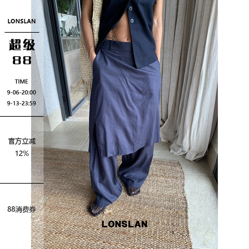 LONSLAN 2026夏季新款藏青色假两件侧开叉裙裤图片